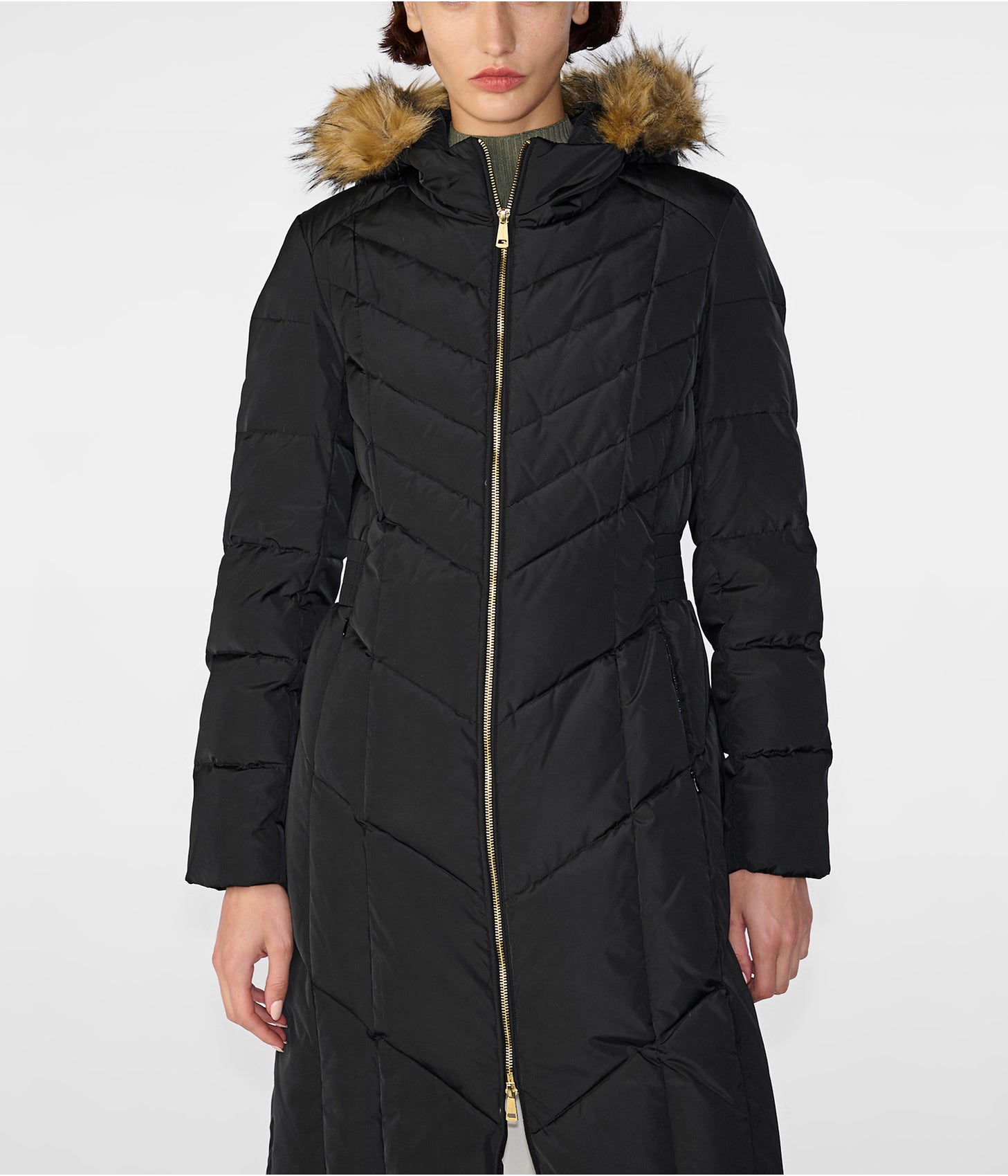 Women's Luxe Fur Hooded Puffer Trench Coat in Black