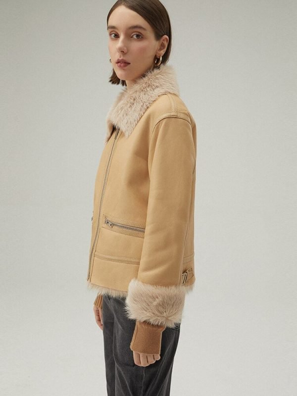 Women's Shearling Leather Jacket In Tan Brown