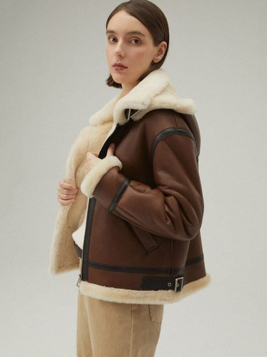 Women's Leather Shearling Jacket In Dark Brown With Removable Hood