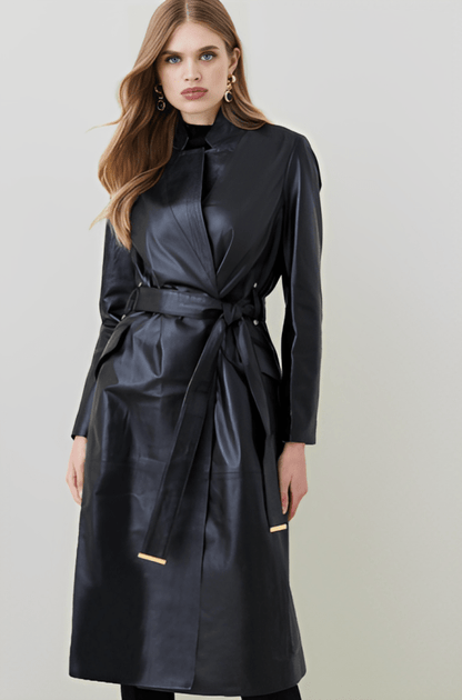 Classic Women's Leather Trench Coat - Black