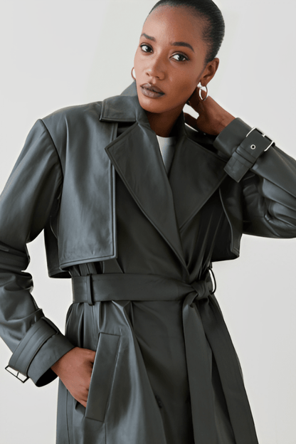 Stylish Women's Leather Trench Coat - Olive