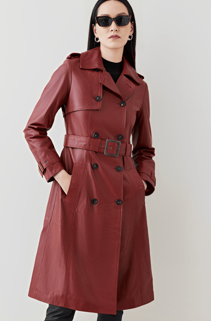 Women's Elegant Leather Trench Coat in Ox Blood Red