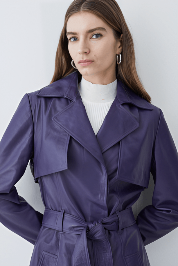 Stylish Women's Leather Trench Coat - Purple