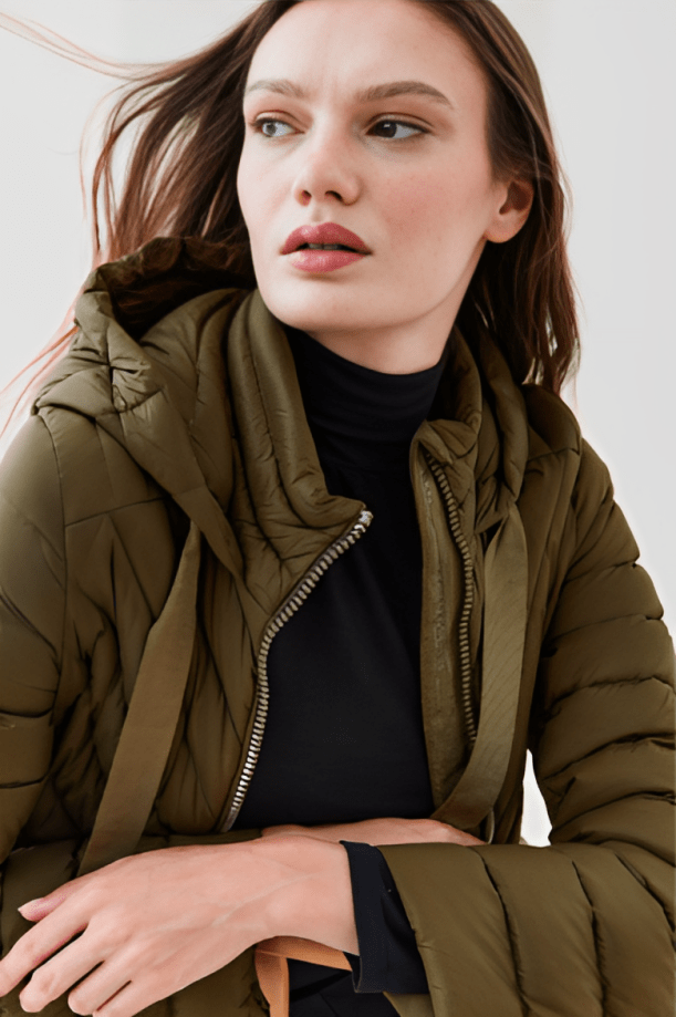 Women's Chic Puffer Trench Coat in Khaki