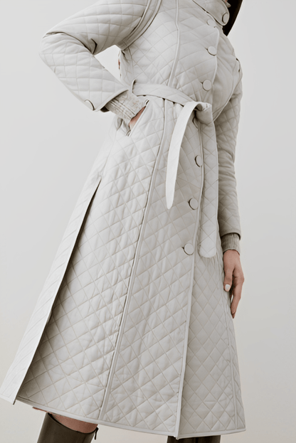 Elegant Women's Quilted Leather Trench Coat - Off-White