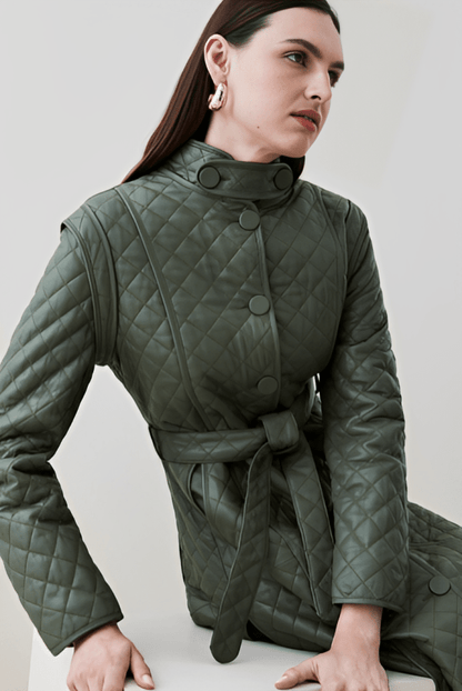 Elegant Women's Quilted Leather Trench Coat - Olive