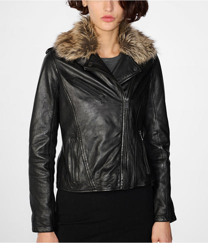 Women's Leather Biker Jacket in Black with Removable Fur Collar - Stylish & Versatile