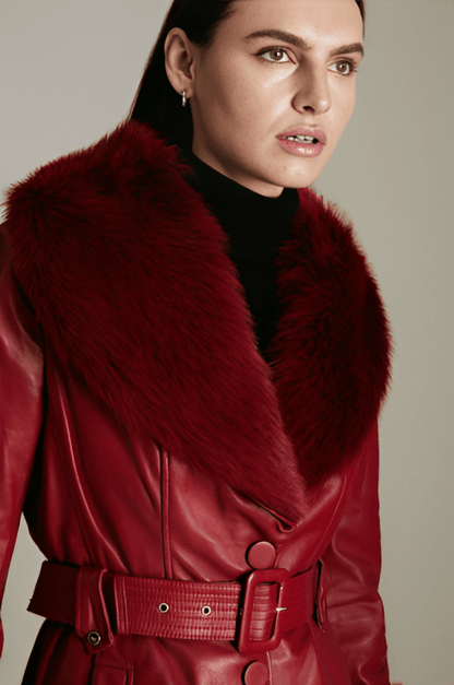 Women's Shearling Leather Coat In Red With Fur Collar