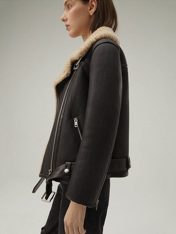 Women's Leather Shearling Jacket In Matte Black