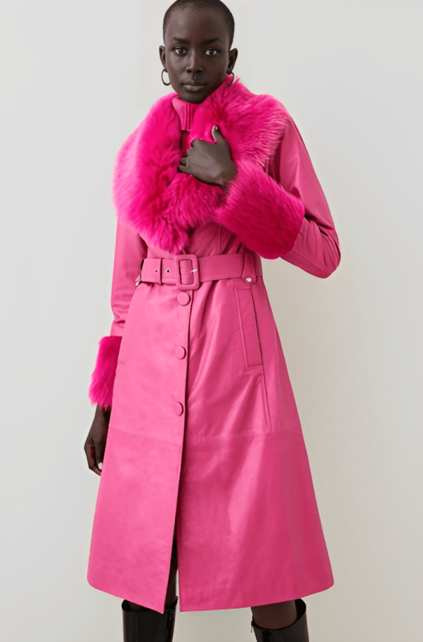 Women's Pink Shearling Leather Trench Coat