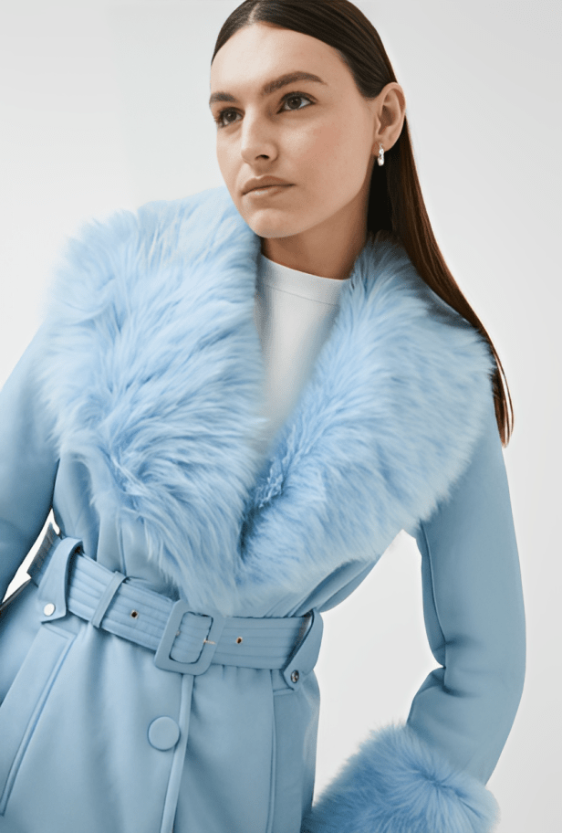 Women's Sky Blue Shearling Leather Trench Coat