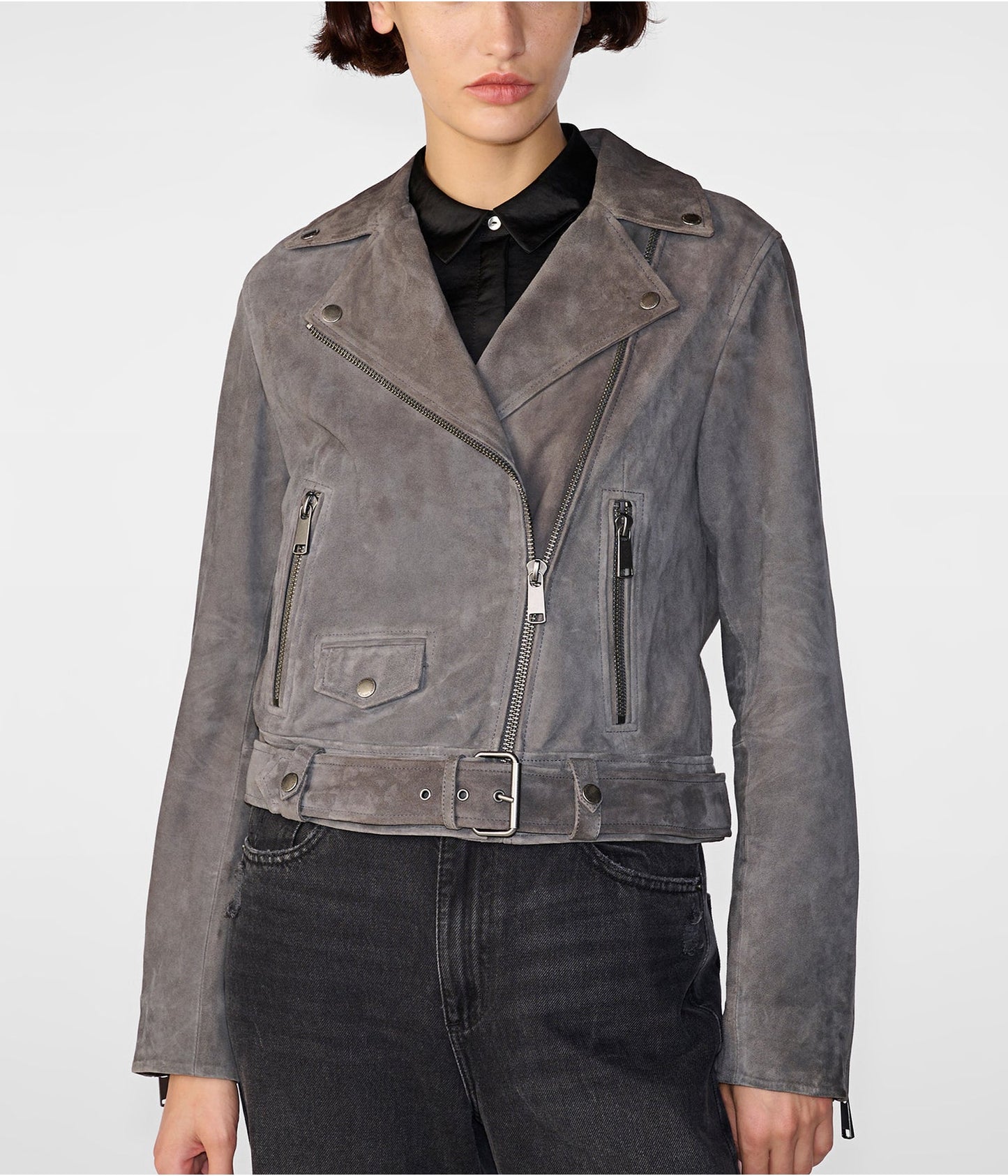 Women's Gray Suede Leather Biker Jacket