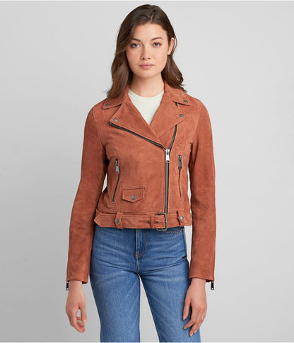 TOPGURUJACKETS Women's Tan Brown Suede Leather Biker Jacket