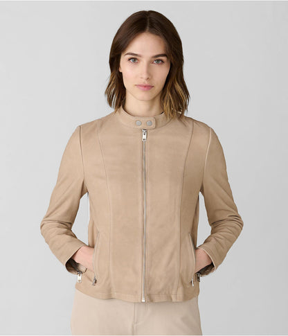 Women's Leather Moto Jacket in Beige - Classic & Versatile