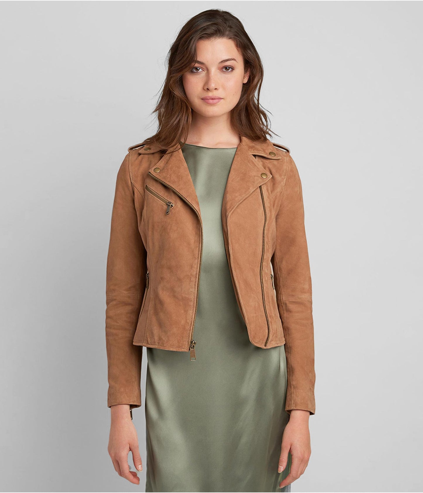 Women's Suede Leather Moto Jacket Tan Brown