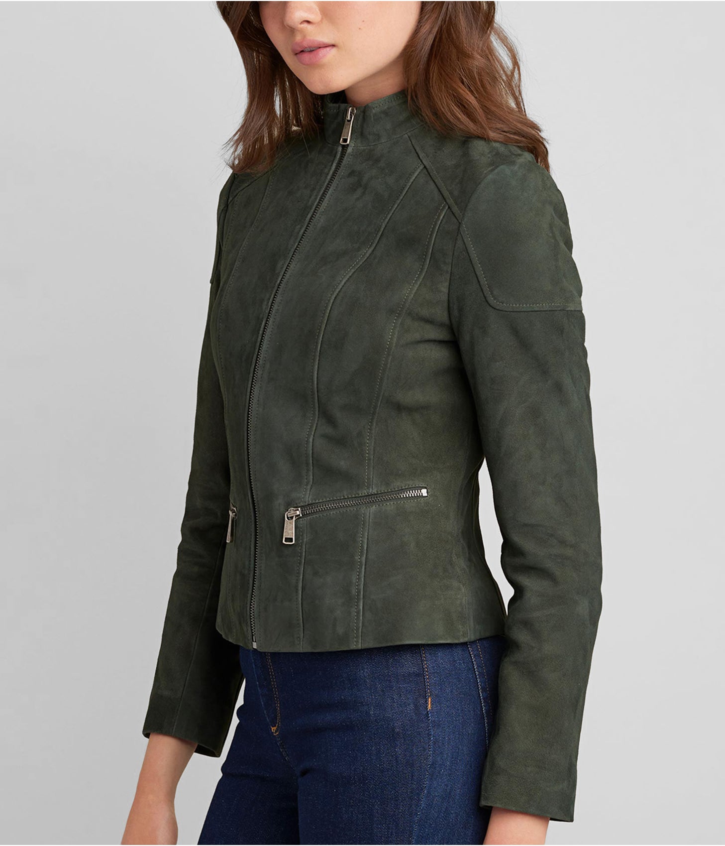 Women's Suede Leather Biker Jacket In Olive