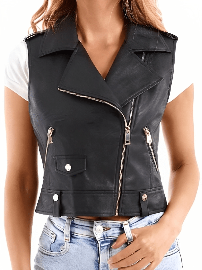 Stylish Women's Black Leather Biker Vest - TOPGURUJACKETS