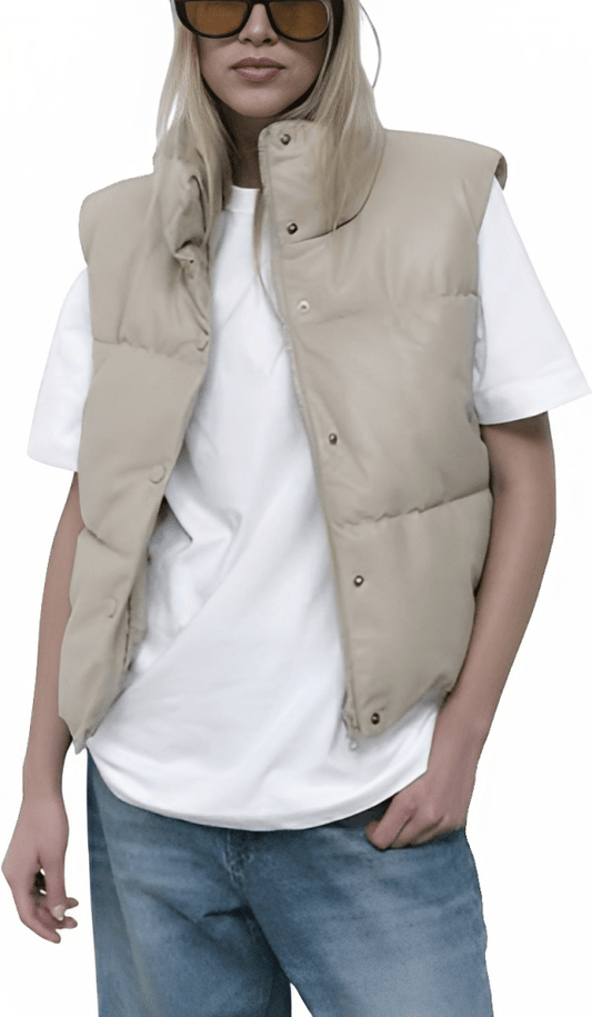 Women's Puffer Leather Vest In Beige