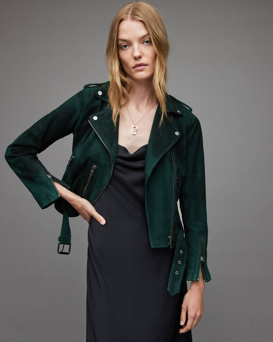 Buy Women's Suede Biker Jacket - Royal Green with Belt