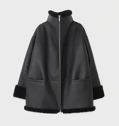  Women's Oversized Black Sheepskin Bomber Leather Jacket