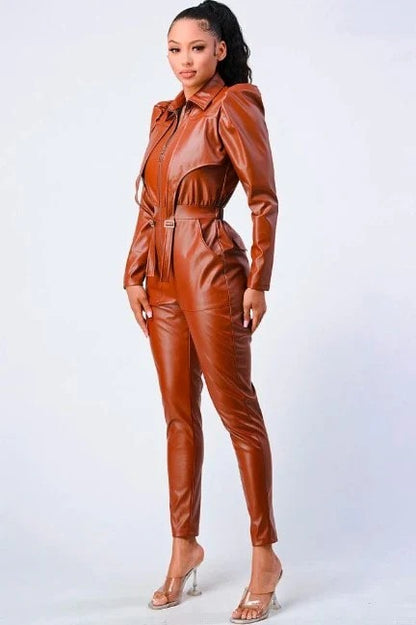 Women's Brown Leather Jumpsuit