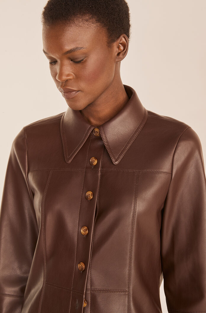 Women's Stylish Chocolate Brown Leather Shirt with Gold Buttons