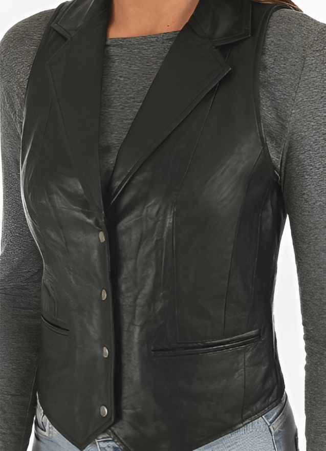 Timeless Women's Black Leather Vest with Button Closure