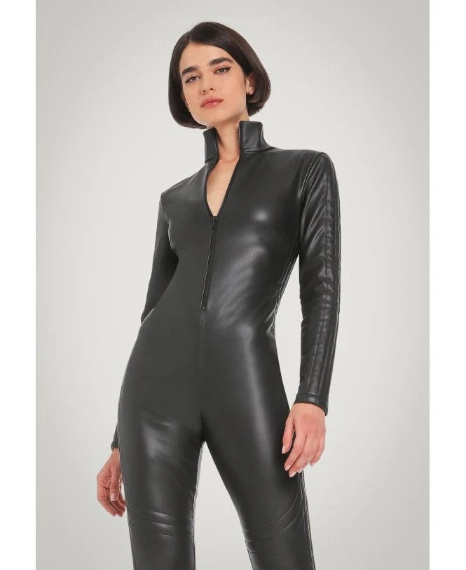 Women's Black Leather Jumpsuit