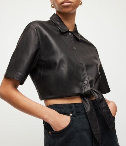 Women's Stylish Black Cropped Leather Shirt