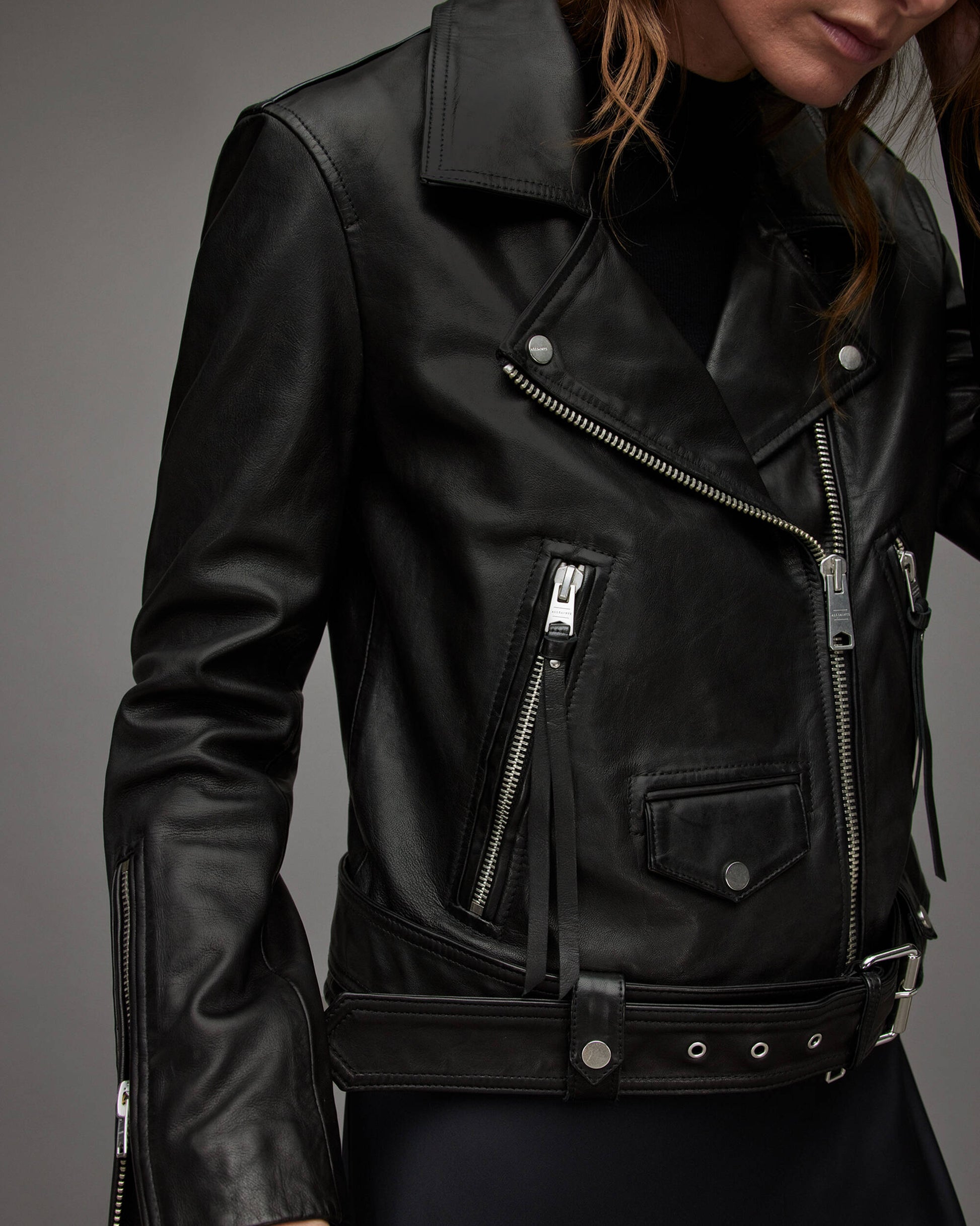 Stylish Women's Black Leather Biker Jacket with Belt