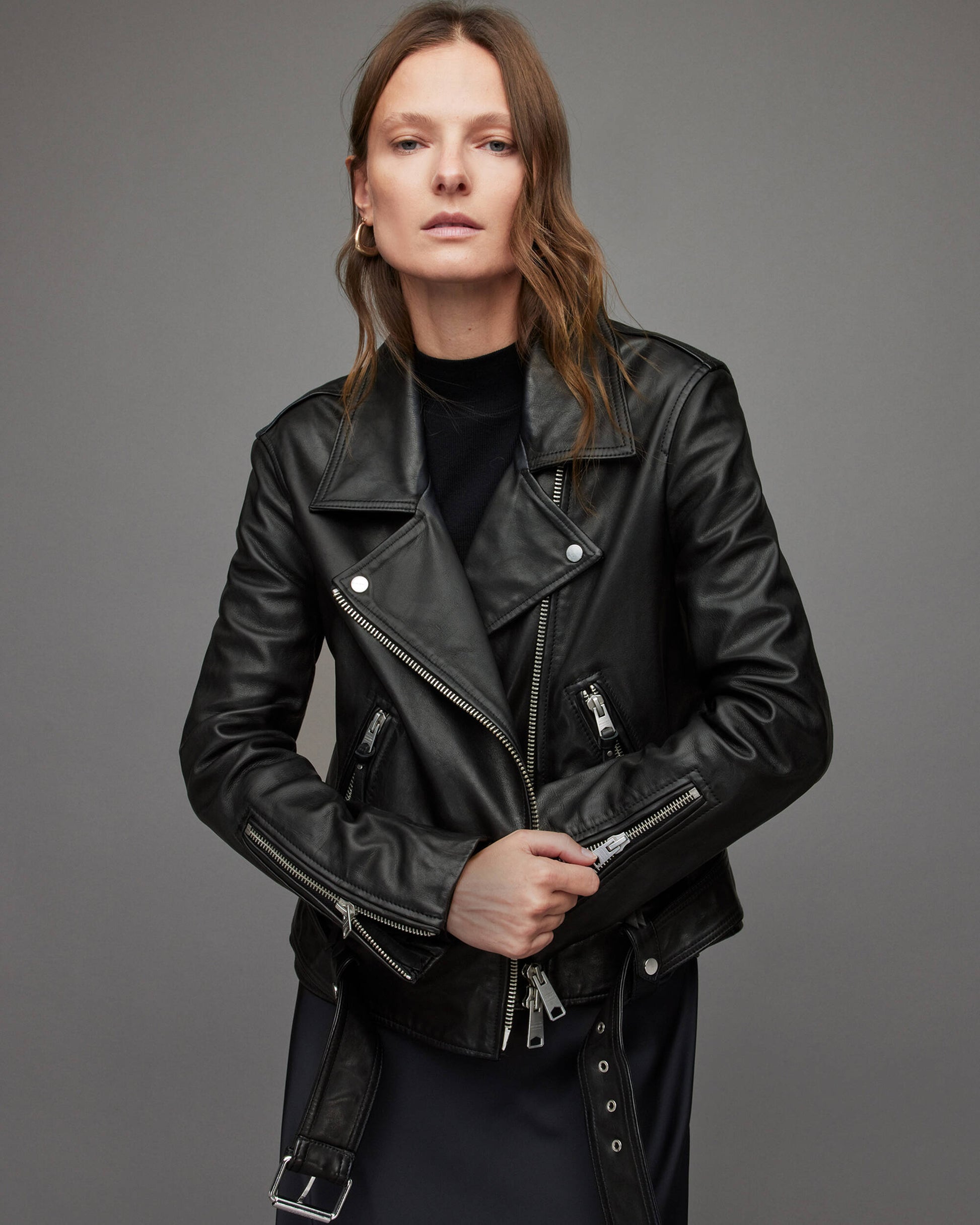 Stylish Women's Black Leather Biker Jacket with Belt