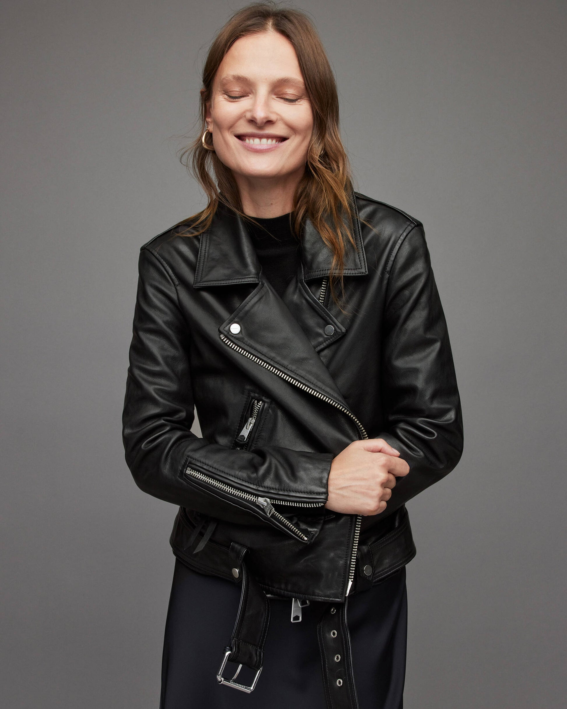 Stylish Women's Black Leather Biker Jacket with Belt