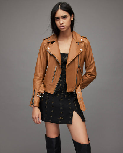 TOPGURUJACKETS Women's Leather Biker Jacket in Tan Brown