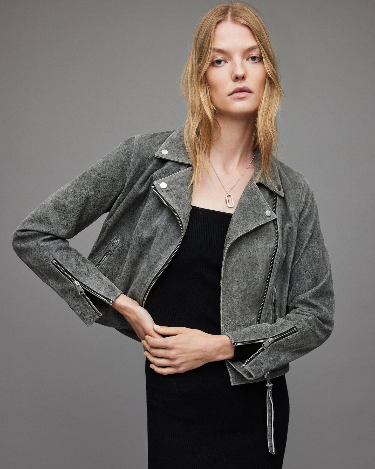 Elegant Women's Gray Suede Leather Biker Jacket