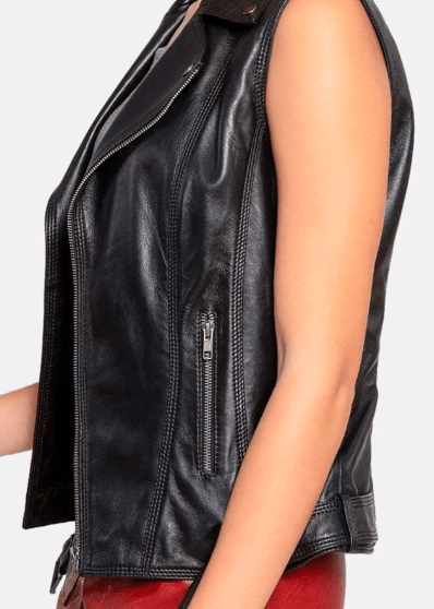 Stylish Women's Black Leather Biker Vest with Belt