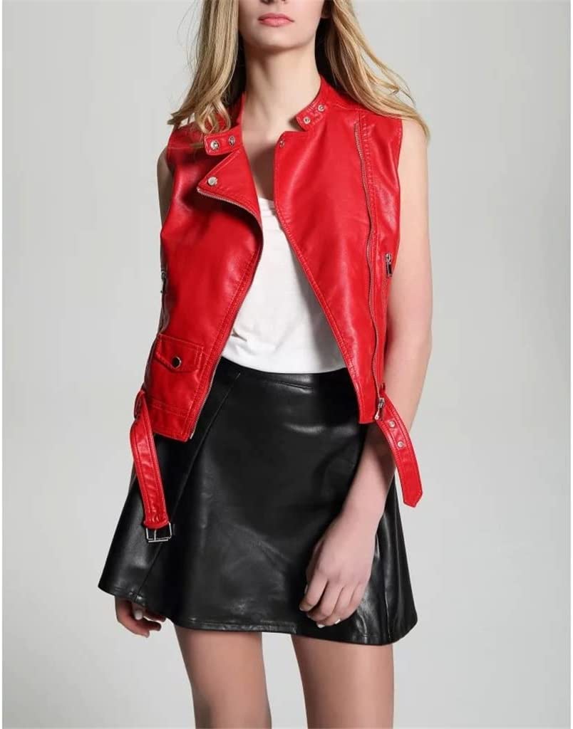 Women's Leather Biker Vest In Red