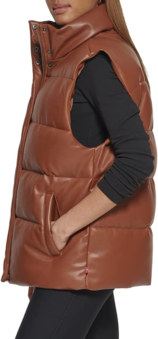 Women's Leather Puffer Vest In Chocolate Brown