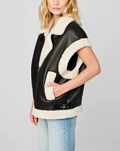  Women's Black Shearling Leather Vest - Elegant and Cozy