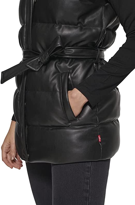 Women's Puffer Leather Vest in Black with Belt