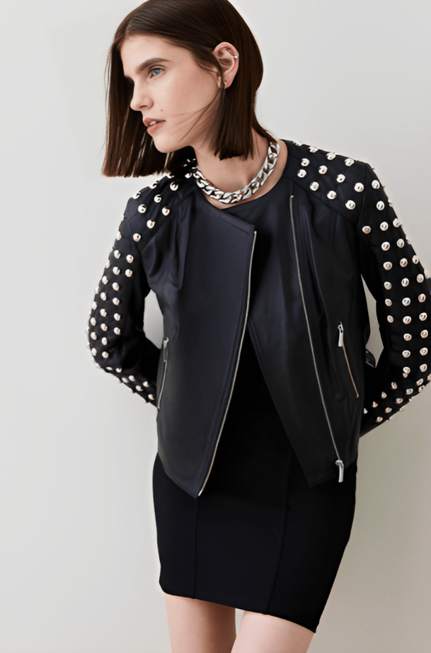 Women's Quilted Studded Leather Jacket in Black - Stylish & Edgy