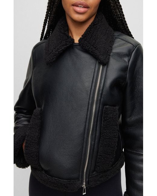 Women's Shearling Biker Leather Jacket in Black - Stylish & Warm