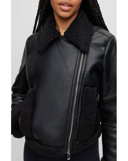 Women's Shearling Biker Leather Jacket in Black - Stylish & Warm