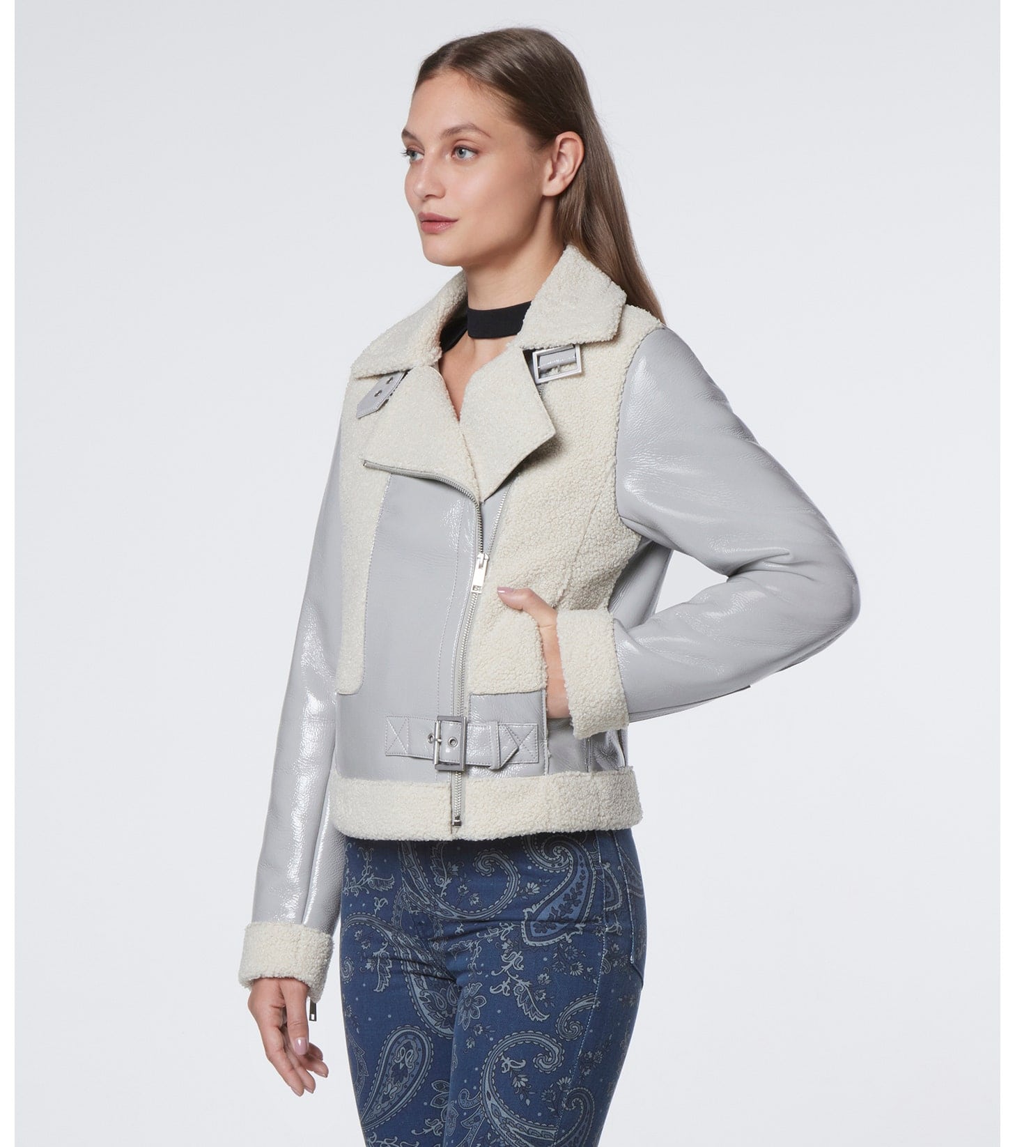 Women's Shearling Leather Biker Jacket in Pearl Blue - Elegant & Warm