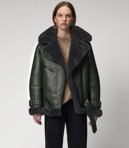 Stylish Women's Sheepskin Bomber Biker Leather Jacket - Green Khaki Outerwear