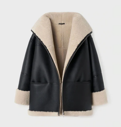 Women's Sheepskin Bomber Leather Jacket In Black