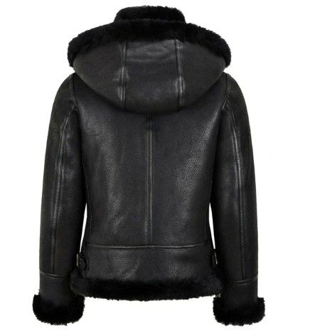  Women's Black Sheepskin Bomber Leather Jacket With Hood