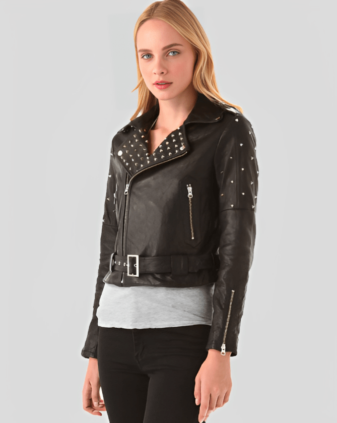 Women's Studded Biker Leather Jacket in Black - Edgy & Chic