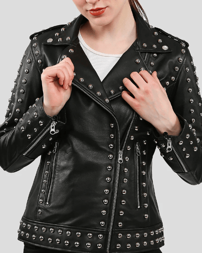 Women's Studded Leather Biker Jacket in Black - Edgy & Chic