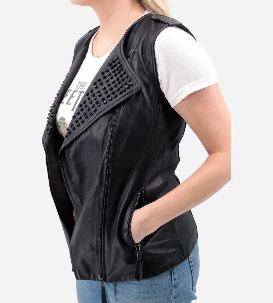 Edgy Women's Black Studded Leather Vest with Zip Closure