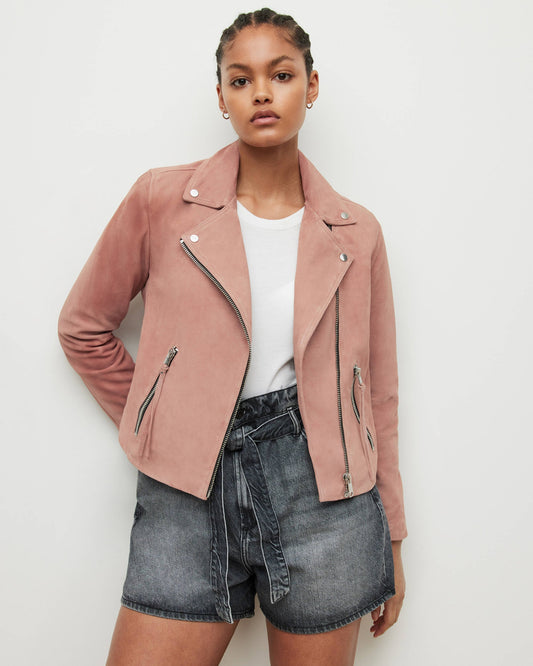 TOPGURUJACKETS Women's Suede Leather Biker Jacket in Pink